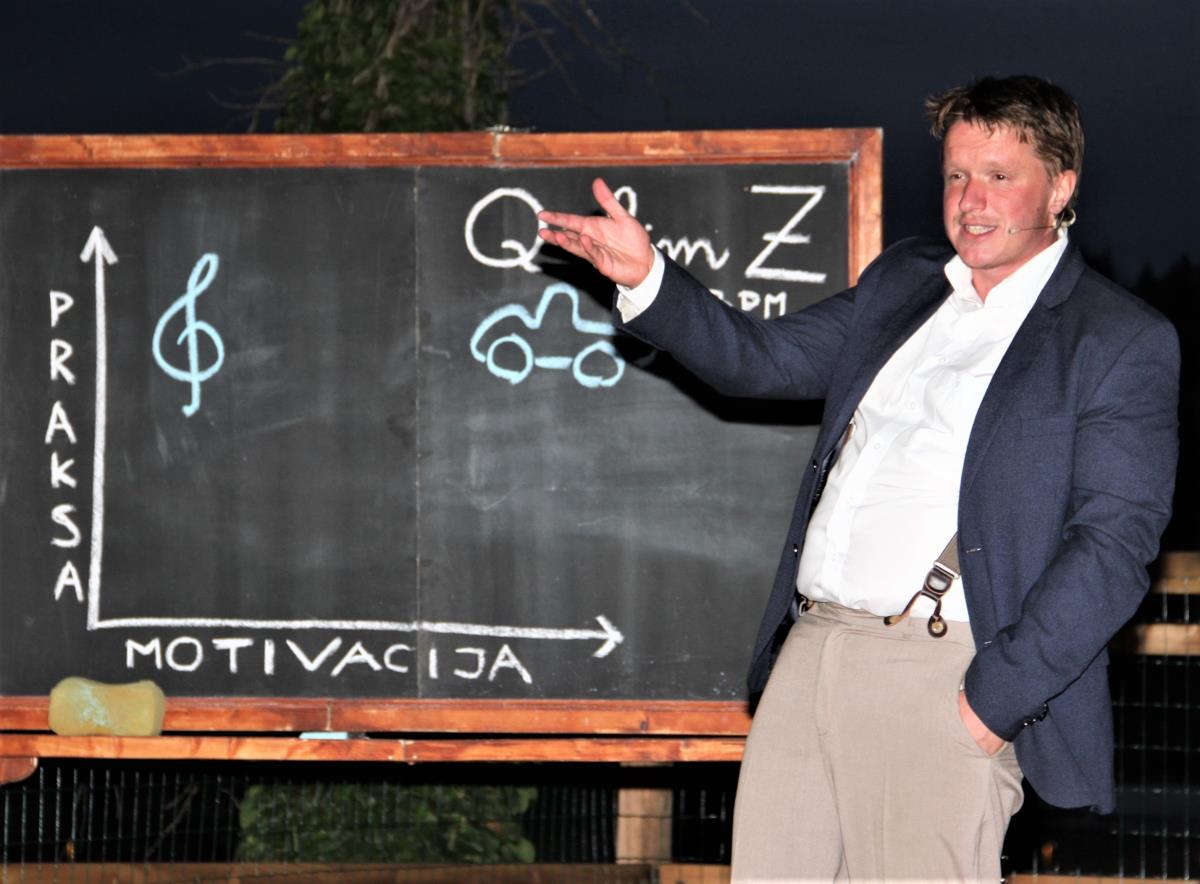Uroš Kuzman pred šolsko tablo v predstavi Profesor Kuzman mlajši
