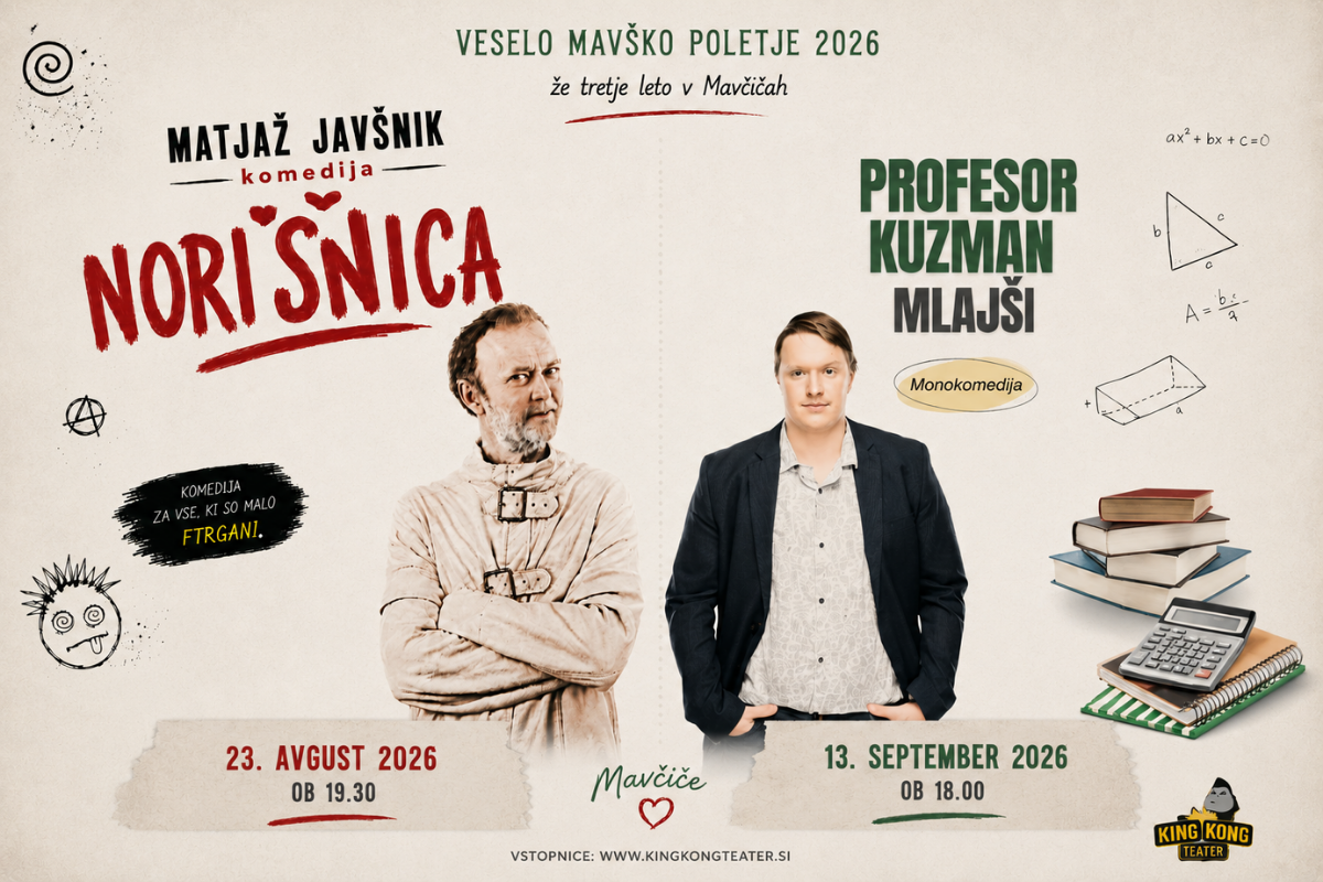 Plakat za Veselo mavško poletje 2026 z Matjažem Javšnikom in Urošem Kuzmanom