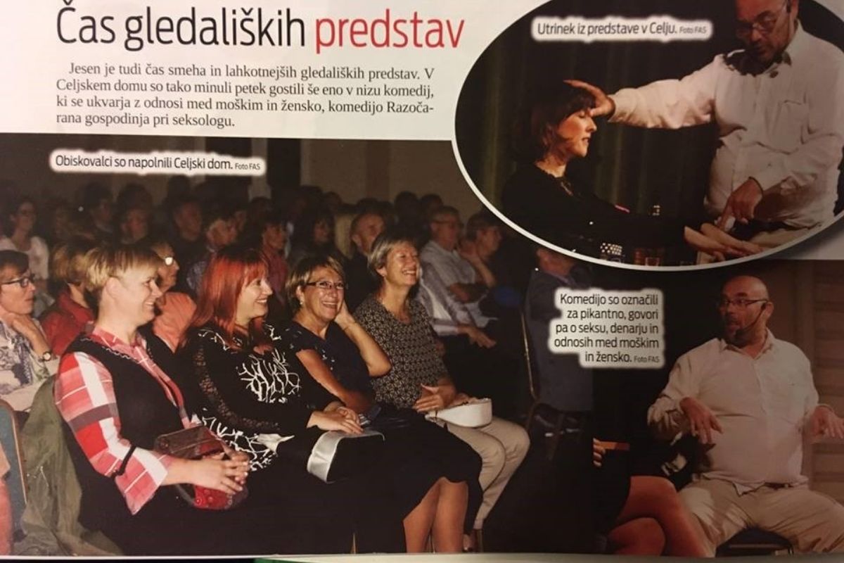 Časopisni utrinek s predstave Razočarana gospodinja pri seksologu v Celjskem domu