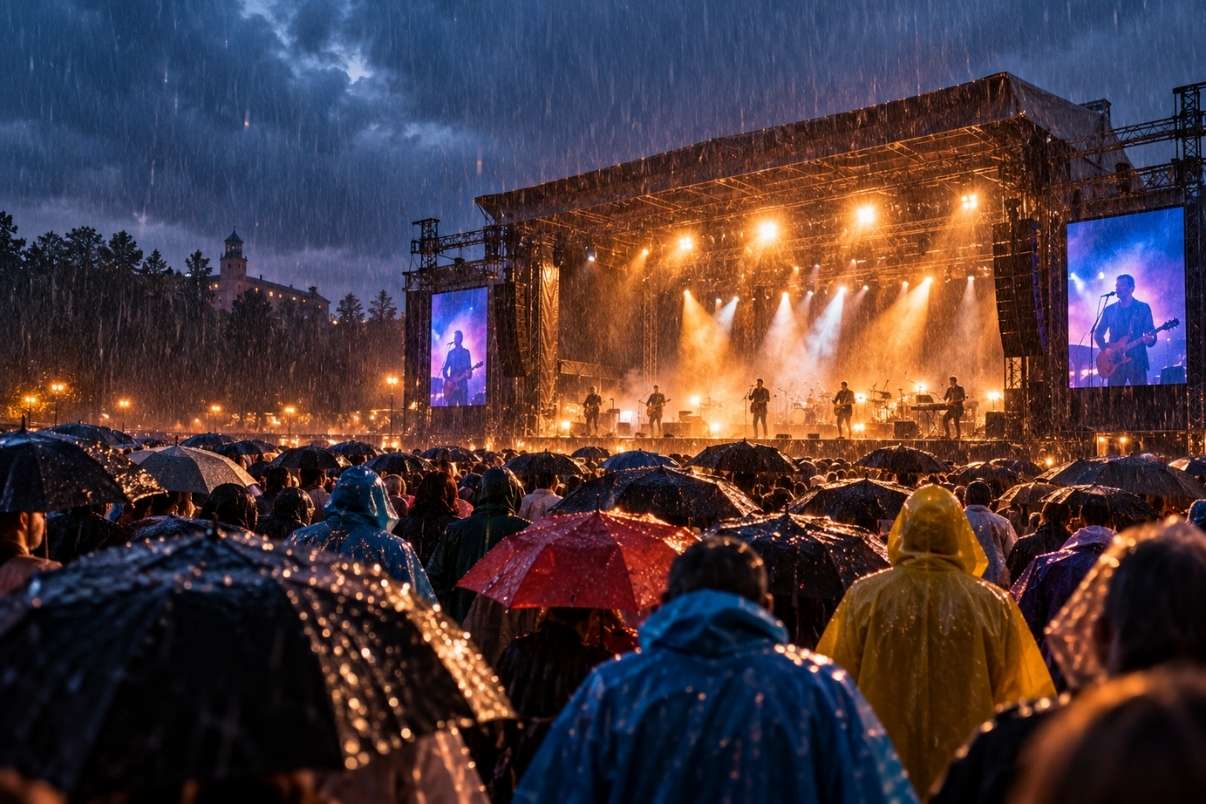 Občinstvo z dežniki spremlja koncert na prostem med močnim dežjem